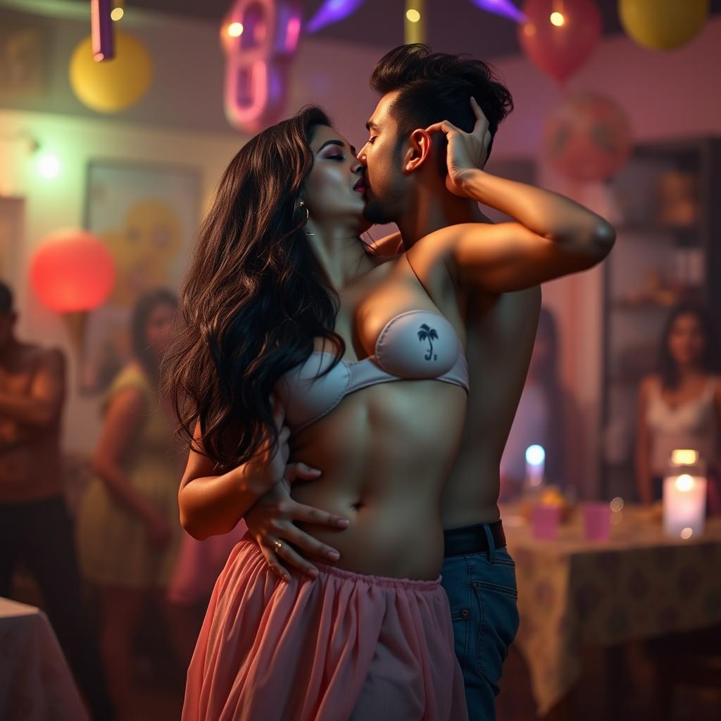 A sensual scene featuring Nushrat Bharucha as a college girl at a lively house party, engaging in an intimate lap dance with her classmate