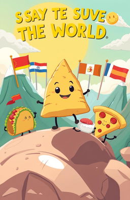 A whimsical, imaginative scene portraying the heroic journey of a samosa on a grand adventure to save the world