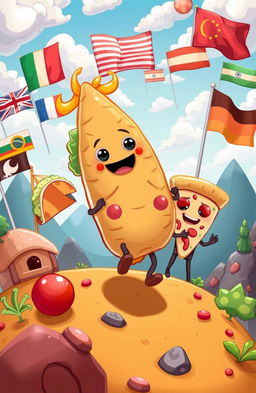 A whimsical, imaginative scene portraying the heroic journey of a samosa on a grand adventure to save the world