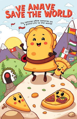 A whimsical, imaginative scene portraying the heroic journey of a samosa on a grand adventure to save the world