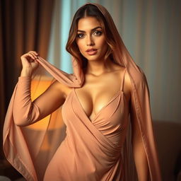 A beautiful woman wearing a thin, flowing jilbab that accentuates her curvaceous figure and large chest
