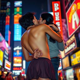 A sensual scene featuring Nushrat Bharucha as a college girl in Times Square, adorned in a low waist chiffon short skirt, engaging in an intimate lap dance with her classmate
