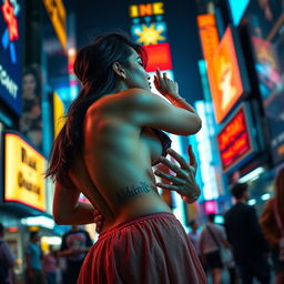 A sensual scene featuring Nushrat Bharucha as a college girl in Times Square, adorned in a low waist chiffon short skirt, engaging in an intimate lap dance with her classmate