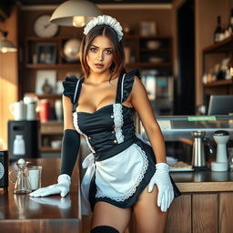 A seductive 19-year-old Australian maid wearing a provocative maid outfit complete with knee-high socks, demonstrating an enticing allure as she leans attractively against a viewer's desk