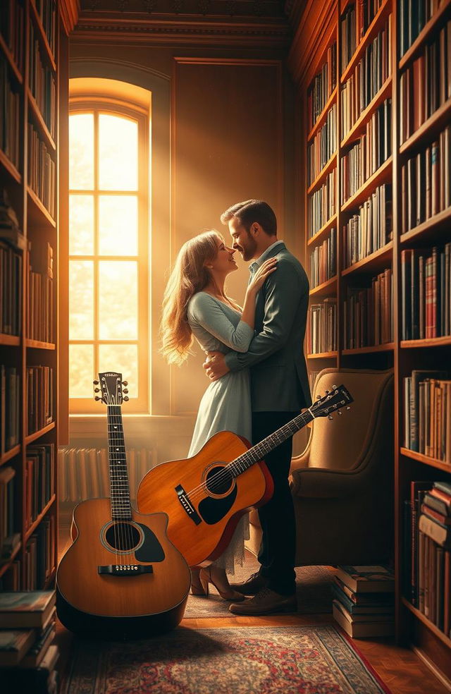 A romantic book cover featuring a blissful couple embracing inside a cozy, warm-toned library filled with shelves of books