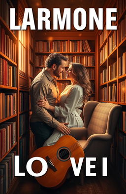 A romantic book cover featuring a blissful couple embracing inside a cozy, warm-toned library filled with shelves of books