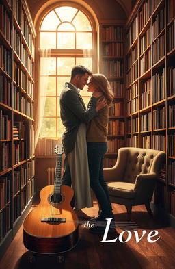 A romantic book cover featuring a blissful couple embracing inside a cozy, warm-toned library filled with shelves of books