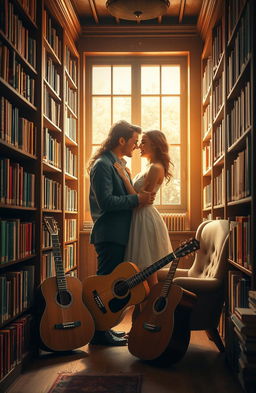A romantic book cover featuring a blissful couple embracing inside a cozy, warm-toned library filled with shelves of books