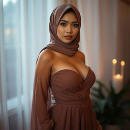 A captivating Malay woman, stunningly beautiful and dressed in a thin, flowy dress (daster) that accentuates her curves