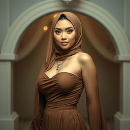 A captivating Malay woman, stunningly beautiful and dressed in a thin, flowy dress (daster) that accentuates her curves