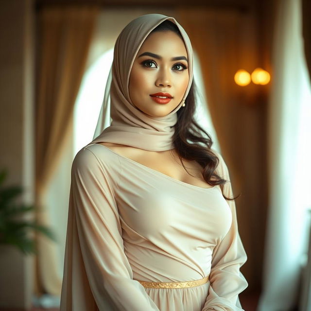 A captivating Malay woman, stunningly beautiful and dressed in a thin, flowy dress (daster) that accentuates her curves