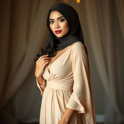 A captivating Malay woman, stunningly beautiful and dressed in a thin, flowy dress (daster) that accentuates her curves
