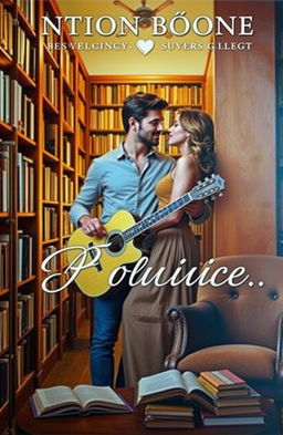 A romantic book cover featuring a passionate couple in a cozy library, surrounded by tall shelves filled with books