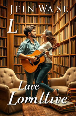 A romantic book cover featuring a passionate couple in a cozy library, surrounded by tall shelves filled with books