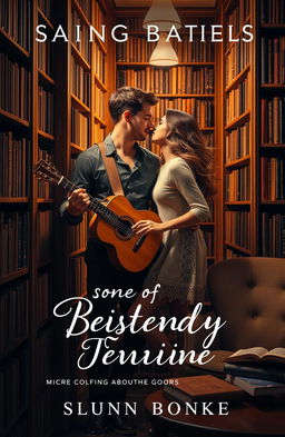 A romantic book cover featuring a passionate couple in a cozy library, surrounded by tall shelves filled with books