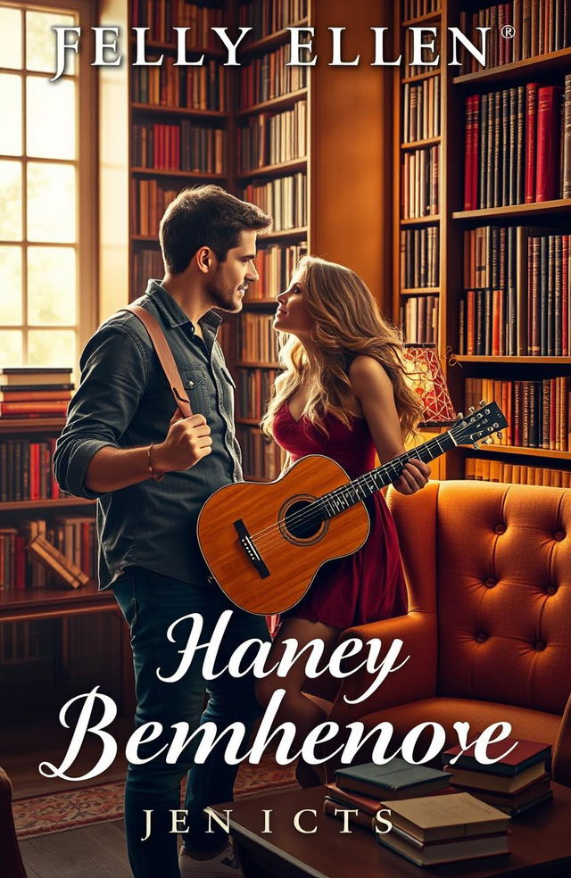 A romantic book cover featuring a passionate couple in a cozy library, surrounded by tall shelves filled with books