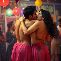 A sensual scene featuring Nushrat Bharucha as a college girl at a lively house party, engaging in an intimate lap dance with her classmate