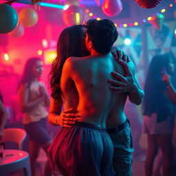 A sensual scene featuring Nushrat Bharucha as a college girl at a lively house party, engaging in an intimate lap dance with her classmate