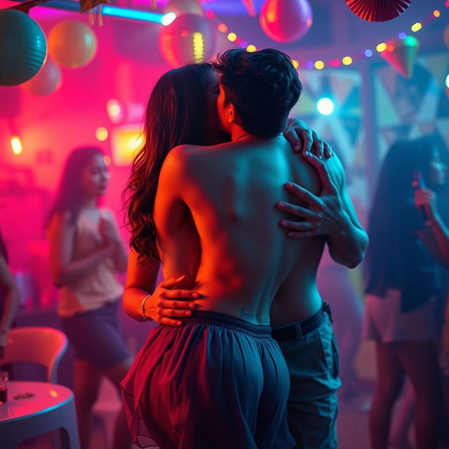 A sensual scene featuring Nushrat Bharucha as a college girl at a lively house party, engaging in an intimate lap dance with her classmate