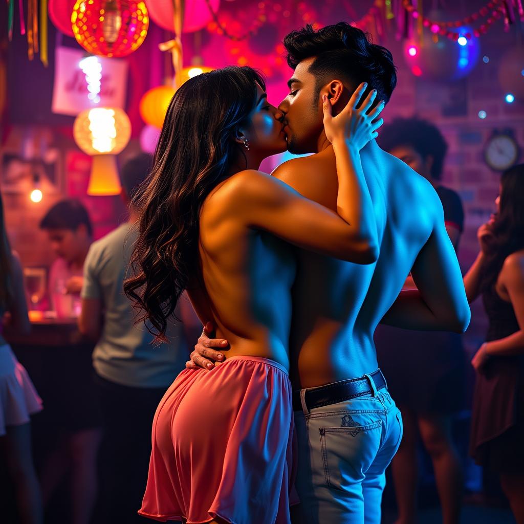 A sensual scene featuring Nushrat Bharucha as a college girl at a lively house party, engaging in an intimate lap dance with her classmate