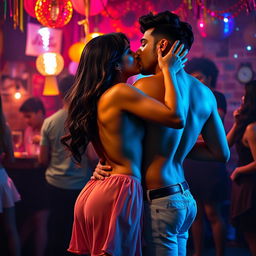 A sensual scene featuring Nushrat Bharucha as a college girl at a lively house party, engaging in an intimate lap dance with her classmate