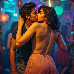 A sensual scene featuring Nushrat Bharucha as a college girl at a lively house party, engaging in an intimate lap dance with her classmate