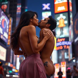 A sensual scene featuring Nushrat Bharucha as a college girl in Times Square, dressed in a low waist chiffon short skirt, engaged in a playful lap dance with her classmate