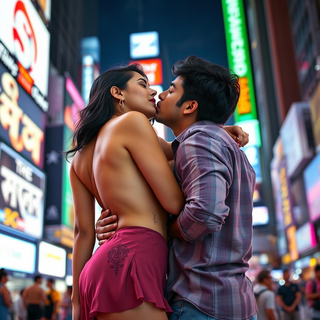 A sensual scene featuring Nushrat Bharucha as a college girl in Times Square, dressed in a low waist chiffon short skirt, engaged in a playful lap dance with her classmate