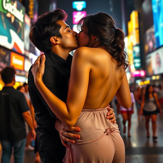 A sensual scene featuring Nushrat Bharucha as a college girl in Times Square, dressed in a low waist chiffon short skirt, engaged in a playful lap dance with her classmate