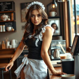 A seductive 19-year-old Australian maid dressed in a sexy maid outfit, emanating charm and allure as she engages with the viewer, trying to seduce them with her captivating expression