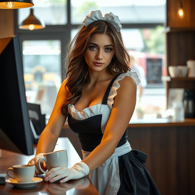 A seductive 19-year-old Australian maid dressed in a sexy maid outfit, emanating charm and allure as she engages with the viewer, trying to seduce them with her captivating expression