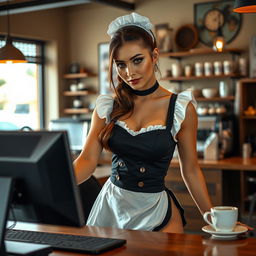 A seductive 19-year-old Australian maid dressed in a sexy maid outfit, emanating charm and allure as she engages with the viewer, trying to seduce them with her captivating expression
