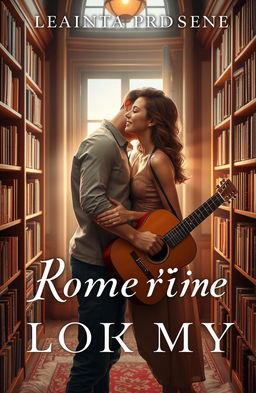 A romantic book cover featuring a passionate couple inside a cozy library surrounded by bookshelves filled with books