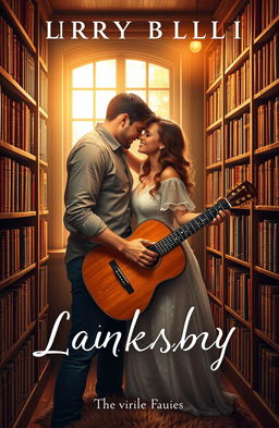 A romantic book cover featuring a passionate couple inside a cozy library surrounded by bookshelves filled with books