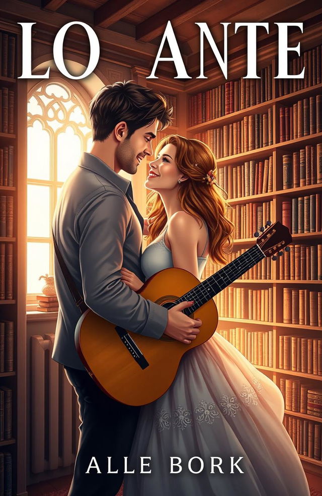 A romantic book cover featuring a passionate couple inside a cozy library surrounded by bookshelves filled with books