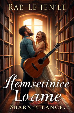 A romantic book cover featuring a passionate couple inside a cozy library surrounded by bookshelves filled with books