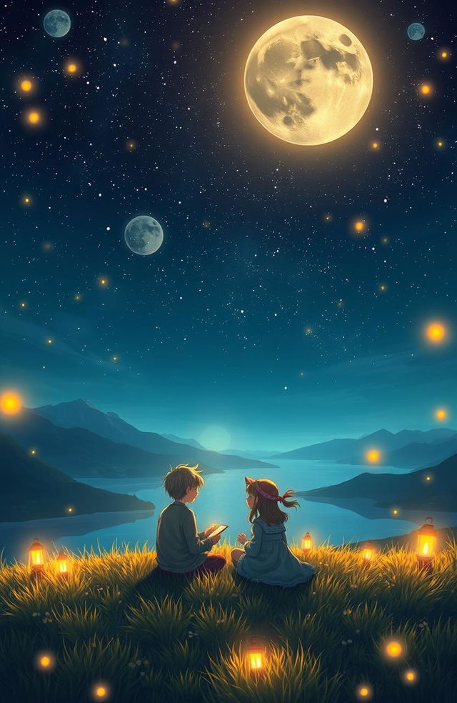 A picturesque and enchanting scene representing the concept of a shared story, featuring two figures sitting on a grassy hill under a starry night sky, surrounded by glowing lanterns and soft, whimsical lighting