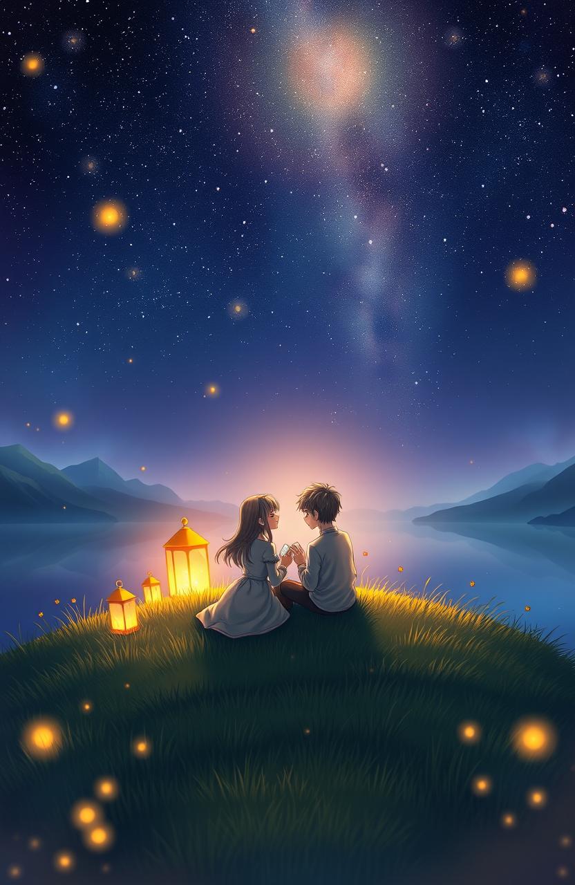 A picturesque and enchanting scene representing the concept of a shared story, featuring two figures sitting on a grassy hill under a starry night sky, surrounded by glowing lanterns and soft, whimsical lighting