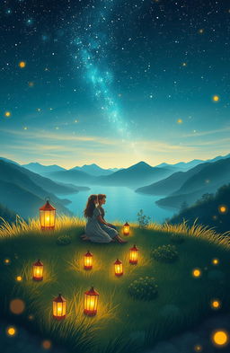 A picturesque and enchanting scene representing the concept of a shared story, featuring two figures sitting on a grassy hill under a starry night sky, surrounded by glowing lanterns and soft, whimsical lighting