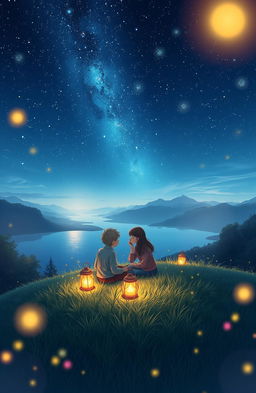 A picturesque and enchanting scene representing the concept of a shared story, featuring two figures sitting on a grassy hill under a starry night sky, surrounded by glowing lanterns and soft, whimsical lighting