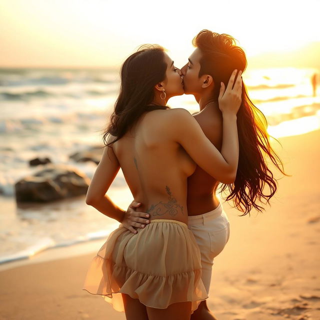 A sensual scene featuring Nushrat Bharucha as a college girl at a picturesque Goa beach, dressed in a low waist chiffon short skirt, engaged in a playful lap dance with her classmate