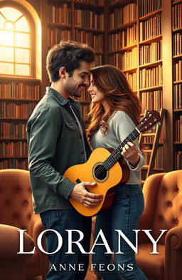 A romantic book cover featuring a cozy library setting where a couple is embracing passionately