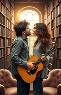 A romantic book cover featuring a cozy library setting where a couple is embracing passionately
