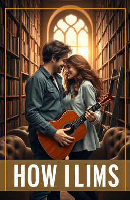 A romantic book cover featuring a cozy library setting where a couple is embracing passionately