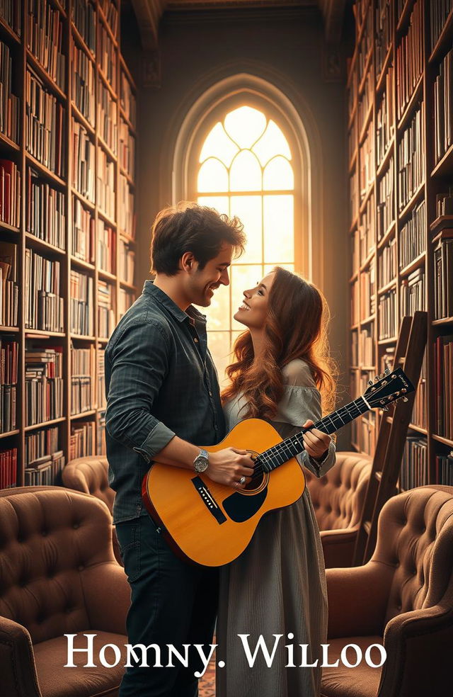 A romantic book cover featuring a cozy library setting where a couple is embracing passionately