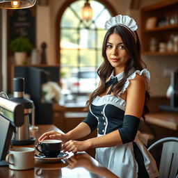 A captivating 19-year-old Australian maid in a sexy maid outfit, designed to accentuate her curves and fitness body