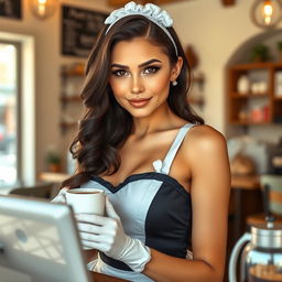 A captivating 19-year-old Australian maid in a sexy maid outfit, designed to accentuate her curves and fitness body