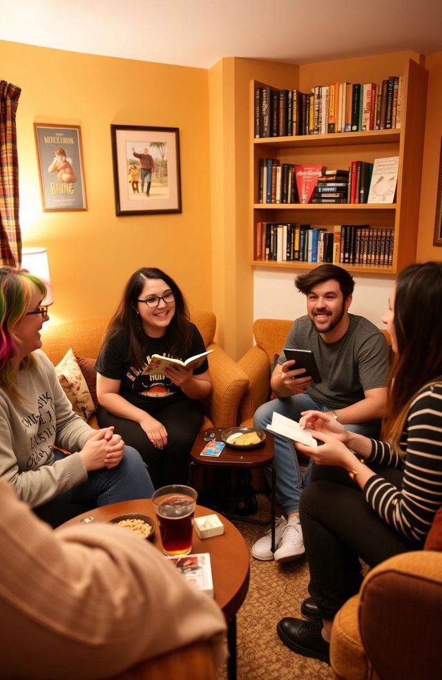 A cozy gathering space showcasing five friends enjoying their time together, sharing stories and laughter