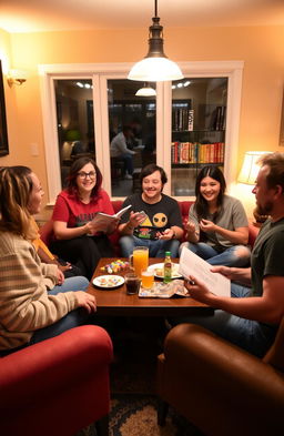 A cozy gathering space showcasing five friends enjoying their time together, sharing stories and laughter