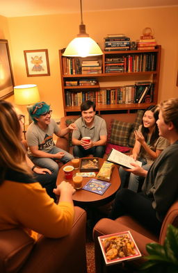 A cozy gathering space showcasing five friends enjoying their time together, sharing stories and laughter